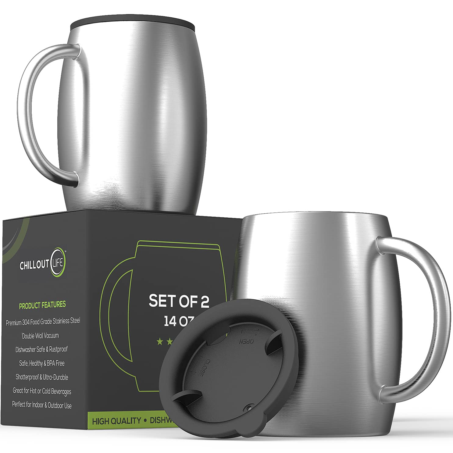 CHILLOUT LIFE 14oz insulated mug with spill-resistant lid for travel