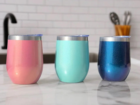 CHILLOUT LIFE blue sparkle wine tumbler lid-off view reveals interior and easy cleaning.