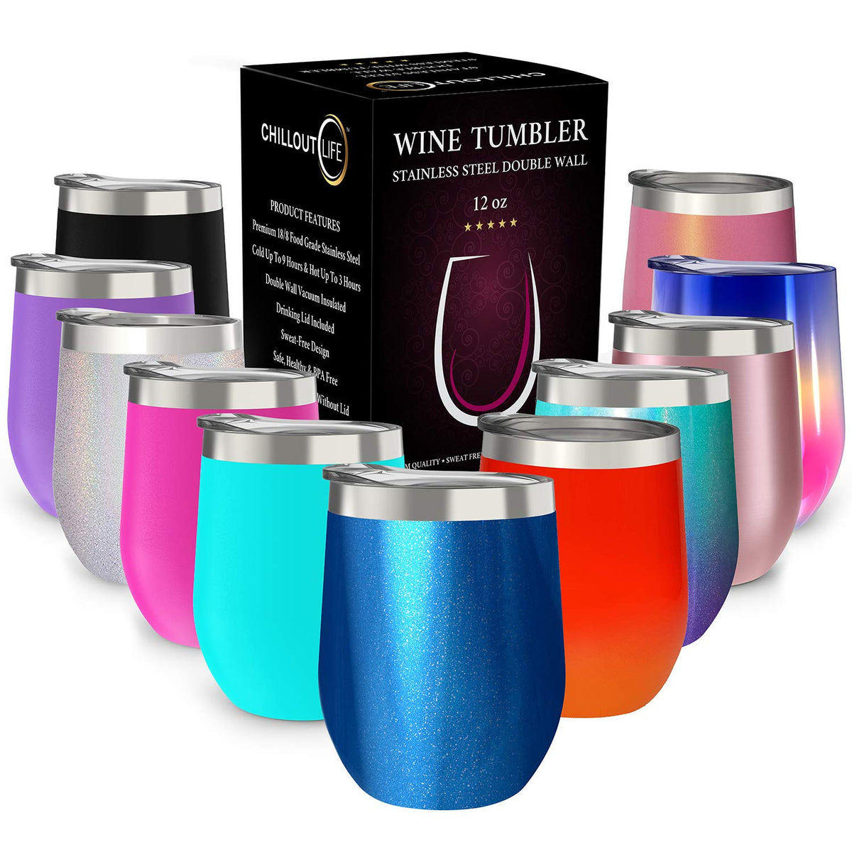 CHILLOUT LIFE blue sparkle wine tumbler with lid top view for portable cooling.