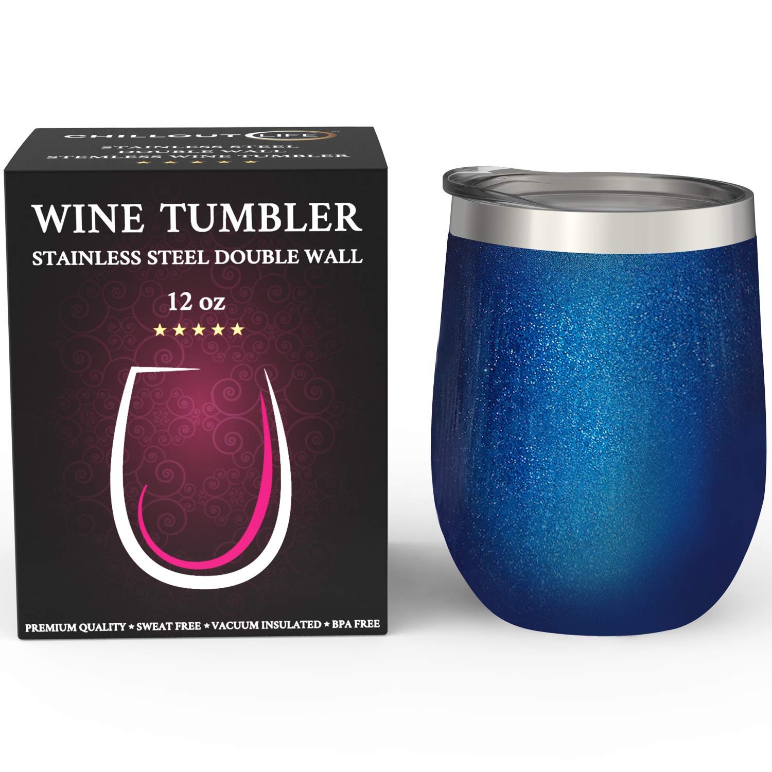 CHILLOUT LIFE blue sparkle wine tumbler side angle shows durable double-wall insulation.