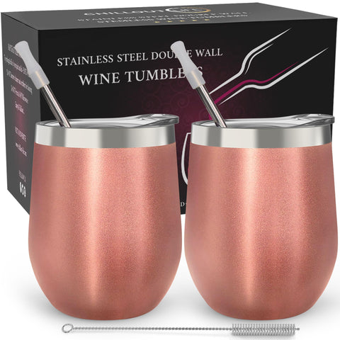 CHILLOUT LIFE rose gold 12oz tumbler set with lids for on-the-go drinks.
