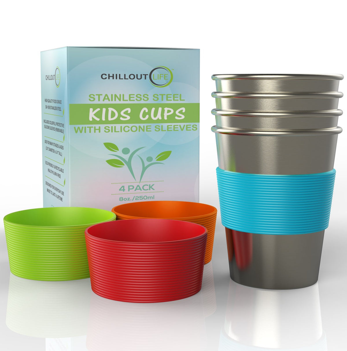 CHILLOUT LIFE stainless kids cup 8oz with silicone sleeve offers a grippy, kid-friendly grip.