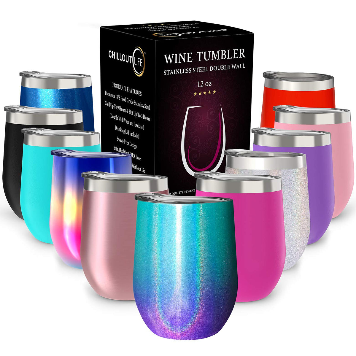 CHILLOUT LIFE Mermaid Sparkle tumbler front view highlights 12oz capacity