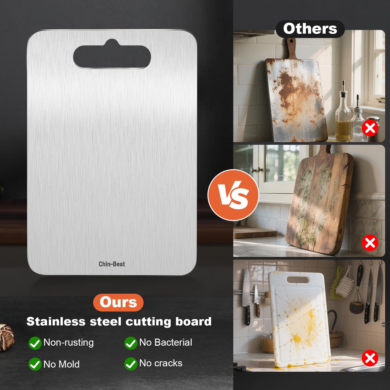 Chin-Best stainless steel board food-safe surface resists rust and mold during prep.