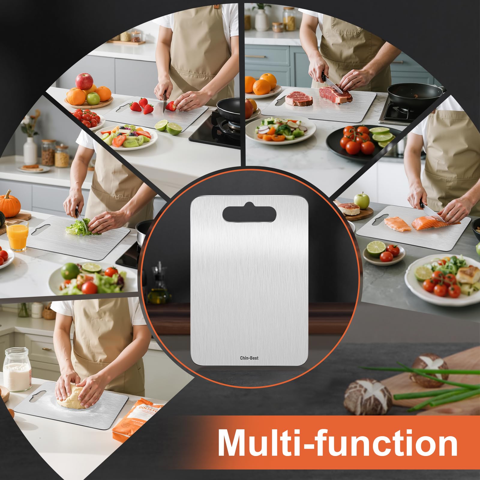 Chin-Best stainless board broad applications for fruits, vegetables, and meat prep.
