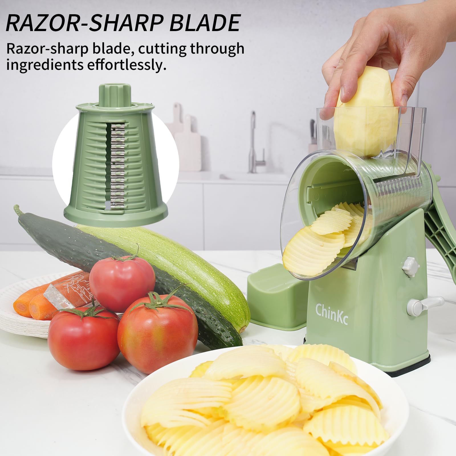 ChinKc shredded blade ideal for cheese, nuts, and vegetables.