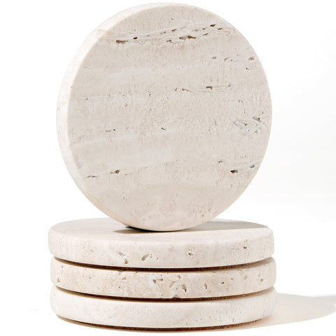 Chiseled ST DF SK white travertine coaster set of four with absorbent surface for moisture protection
