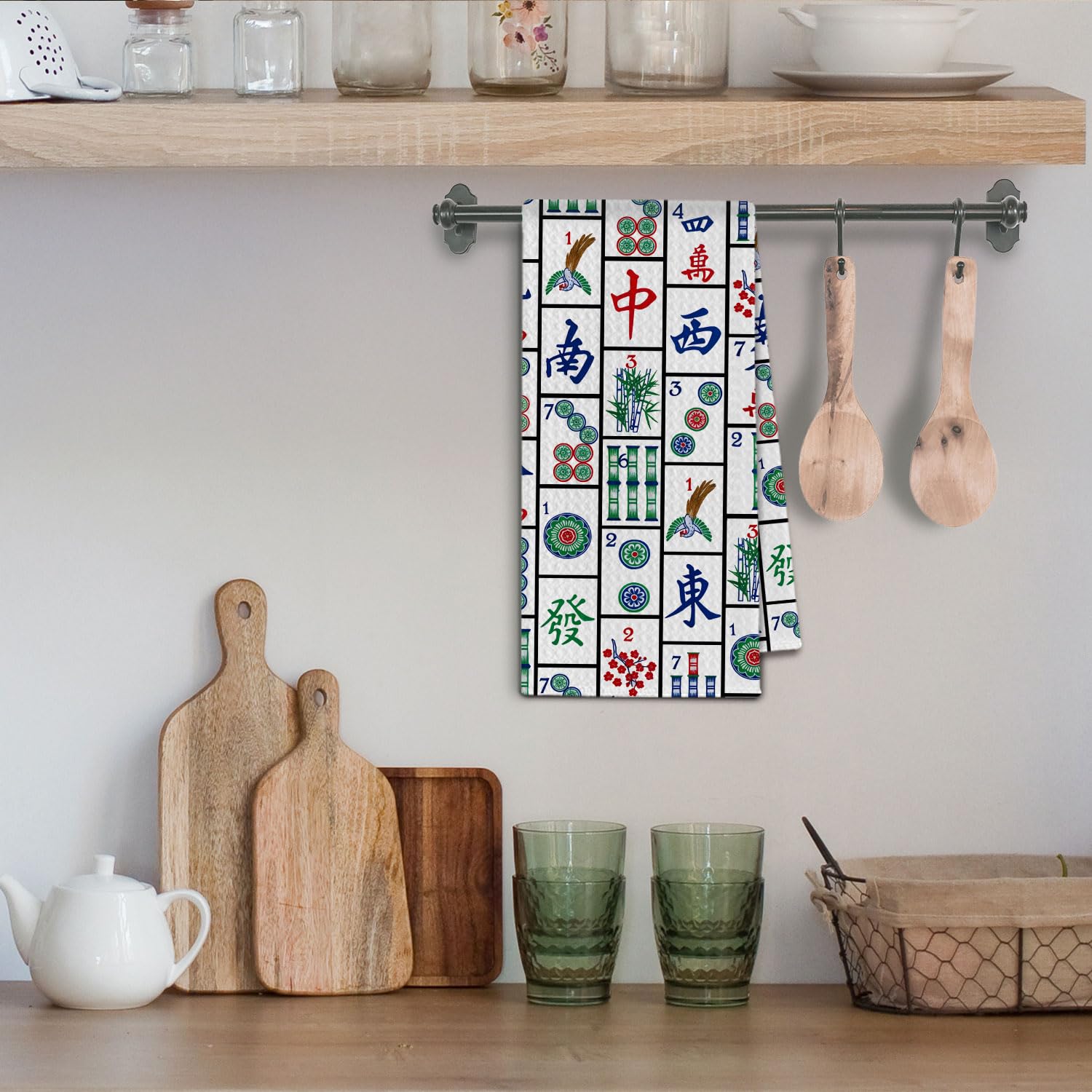 ChissNook Mahjong towel kitchen decor angle, blends with dining and patio settings.