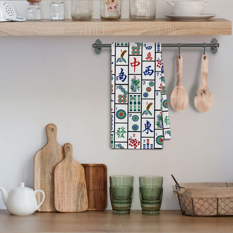 ChissNook Mahjong towel kitchen decor angle, blends with dining and patio settings.