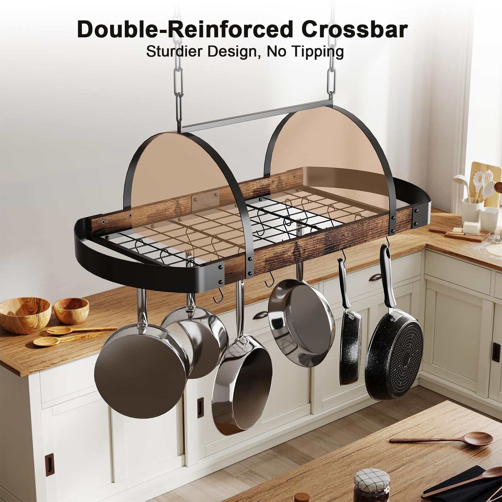 Chloraeon hanging pot rack's heavy-duty frame supports cast iron cookware securely