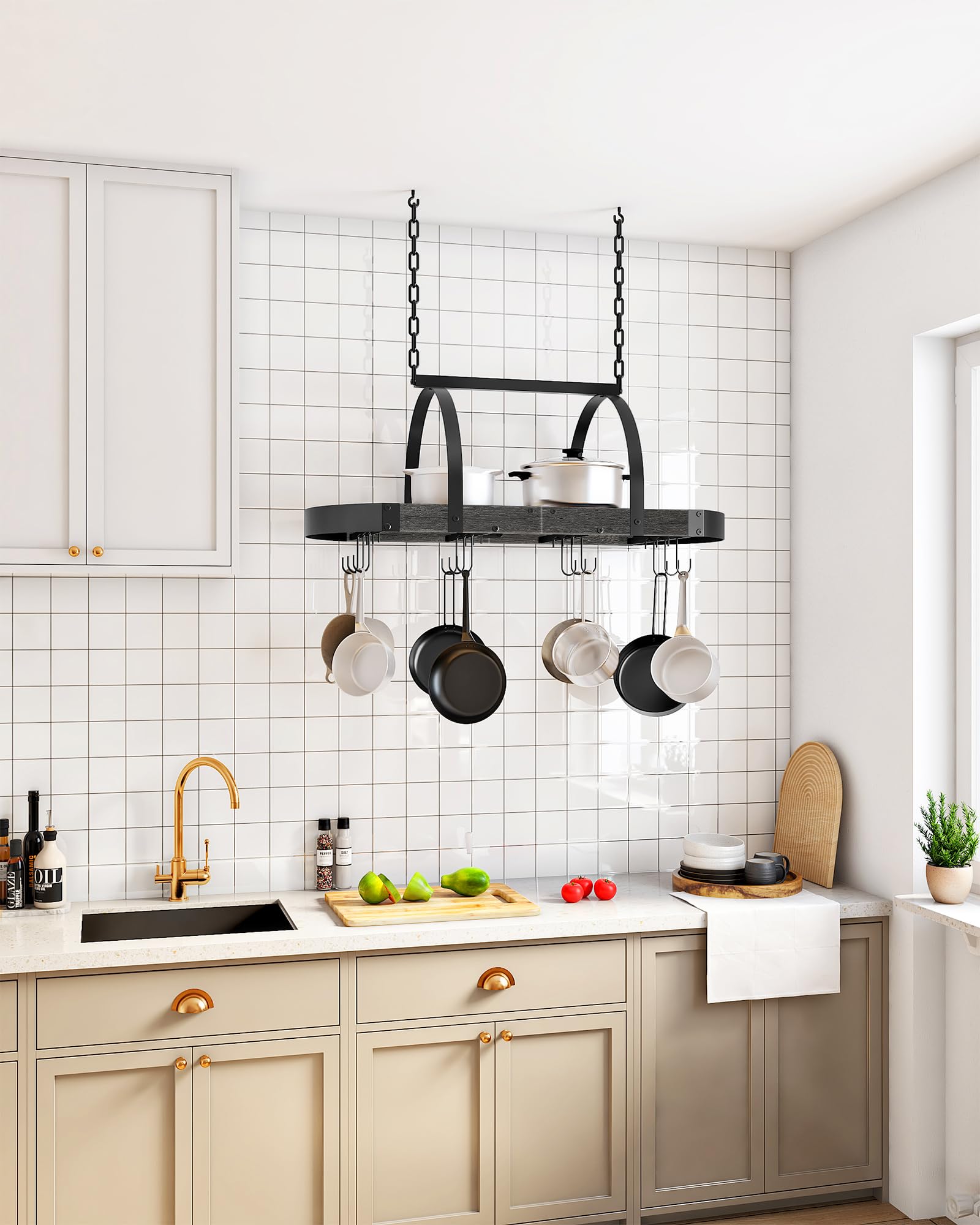 CHOEZON Ceiling-mounted Cookware Organizer frees cabinet space and keeps cookware accessible.