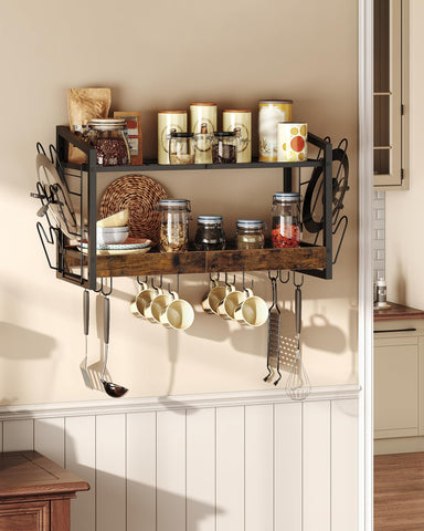 CHOEZON hanging pot rack with 12 hooks keeps utensils within reach.