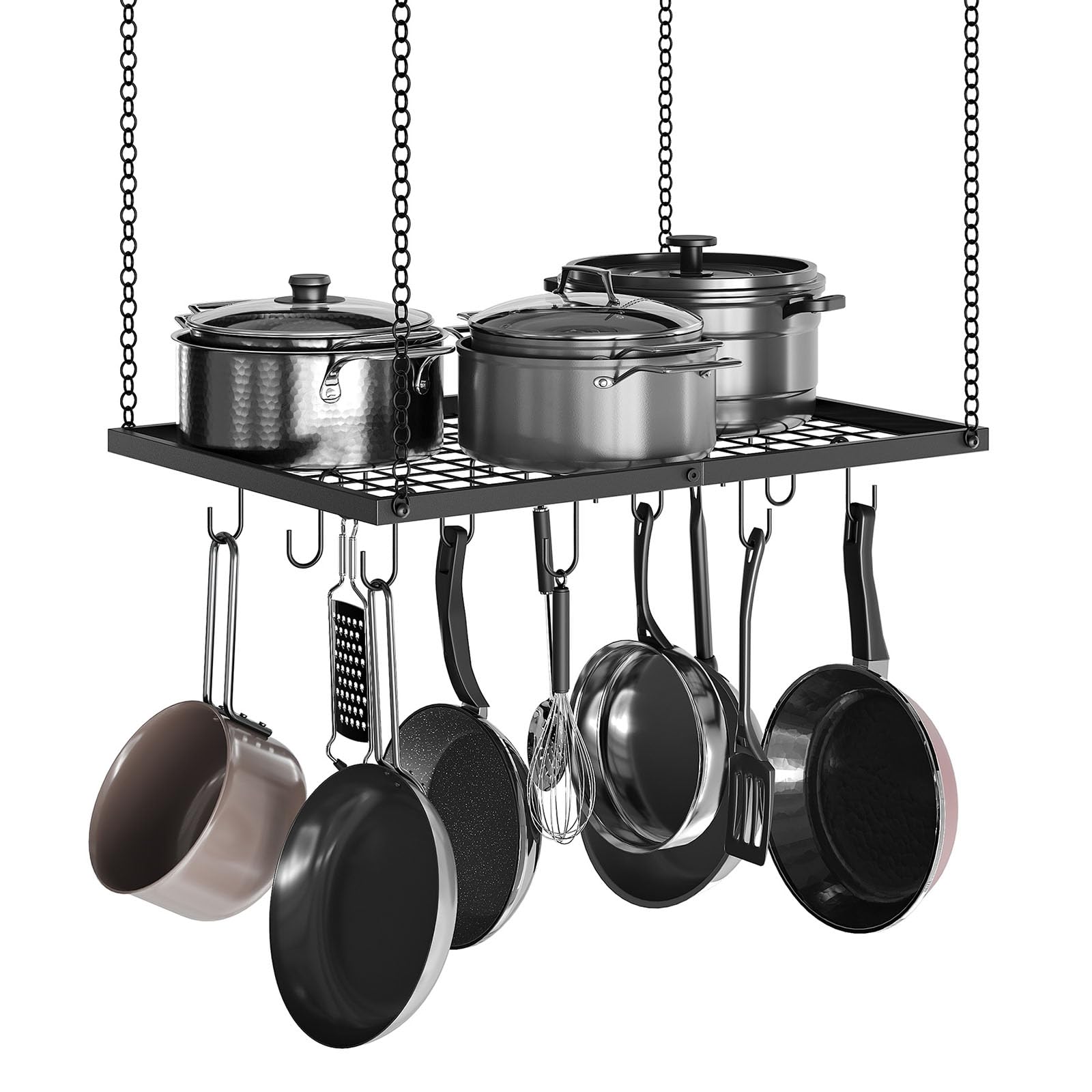 CHOEZON hanging pot rack with 12 hooks for organized cookware storage on ceiling