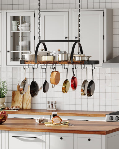 CHOEZON Hanging Pot Rack with 24 S-hooks keeps pots within reach during cooking.