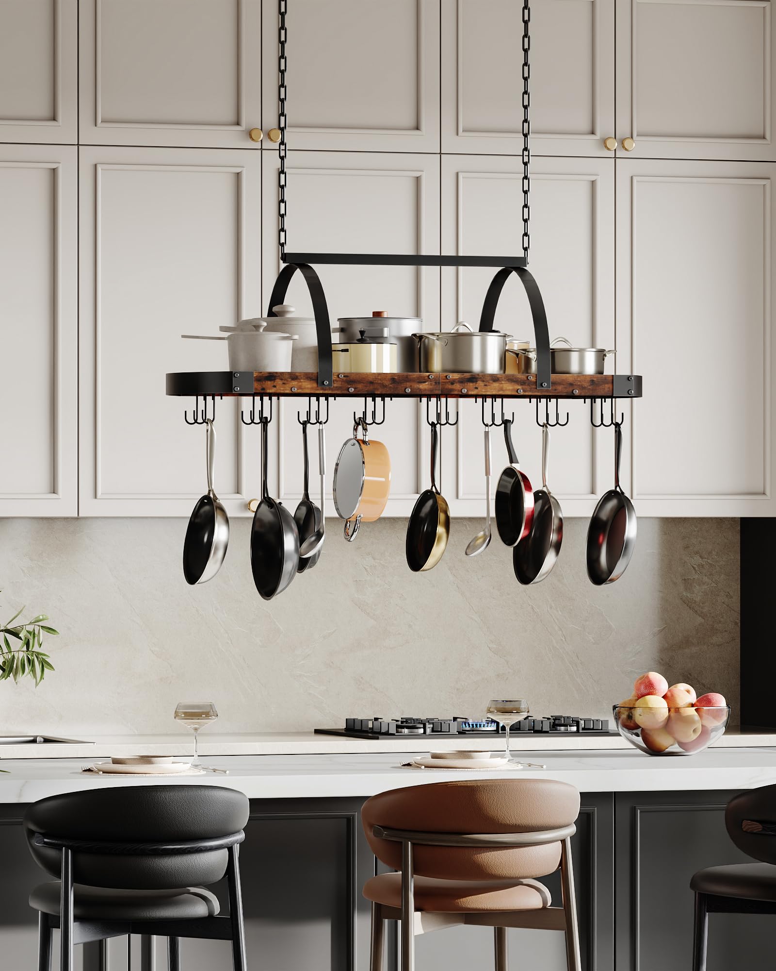 CHOEZON Ceiling-mounted rack saves cabinet space in small kitchens.