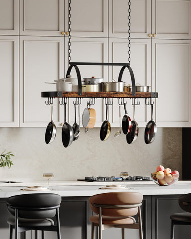 CHOEZON Ceiling-mounted rack saves cabinet space in small kitchens.