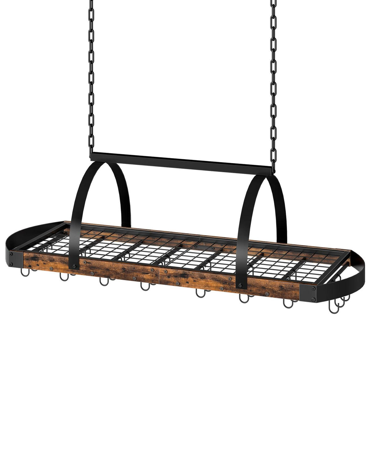 CHOEZON Hanging Pot Rack upper mesh shelf organizes cookware for easy access.