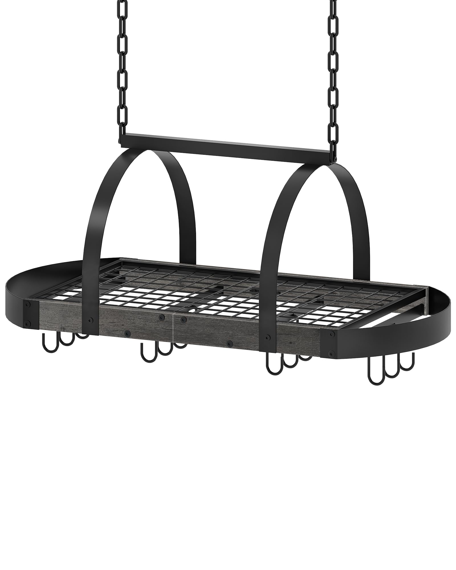 CHOEZON Hanging Pot Rack upper shelf keeps pots within easy reach and organized.