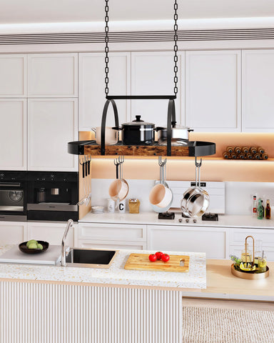 CHOEZON metal mesh shelf displays ample storage capacity above the stove.