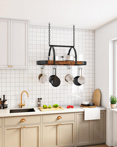 CHOEZON pot hanger with 12 S-hooks keeps pans within easy reach.