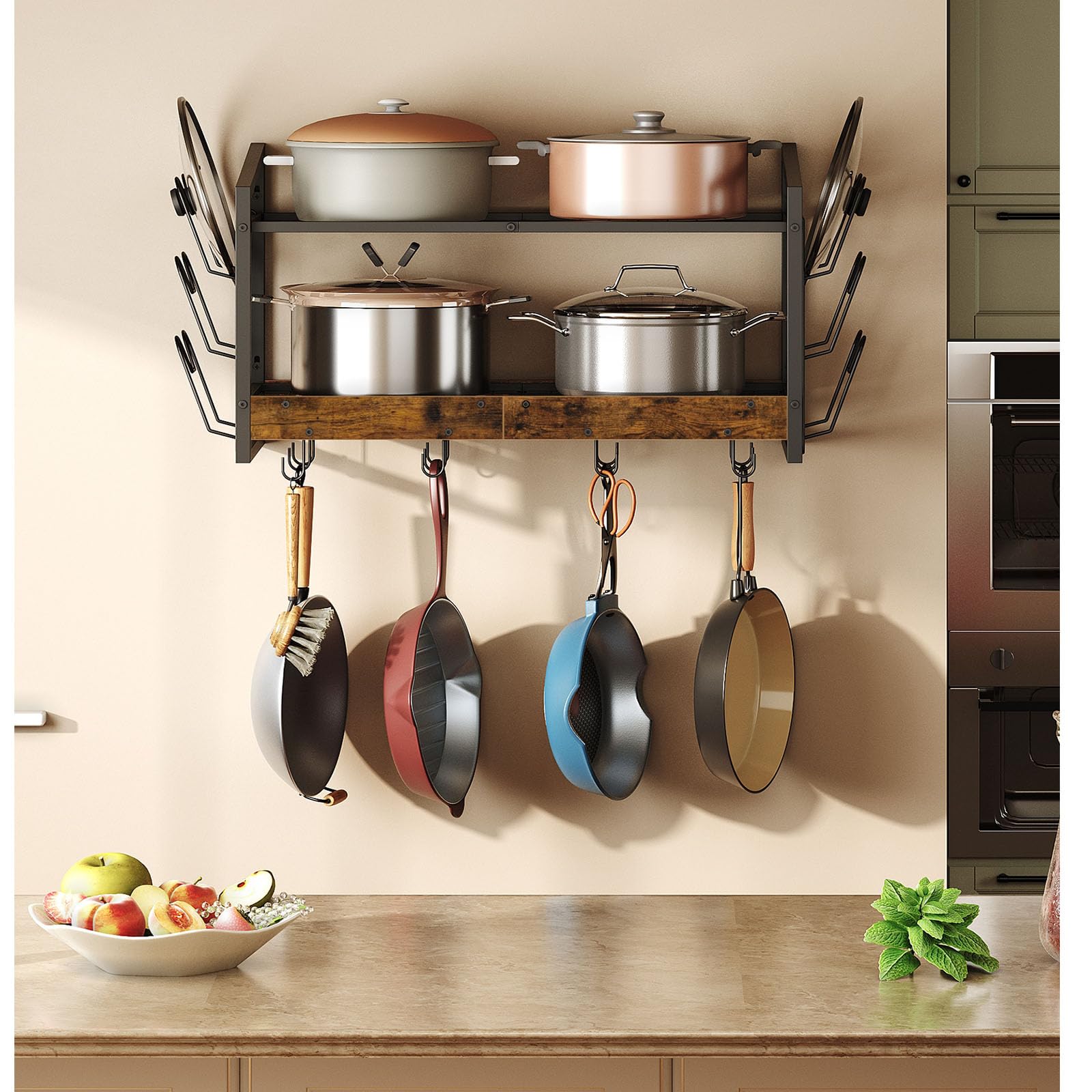 CHOEZON rustic brown finish adds warmth while storing pots and lids.