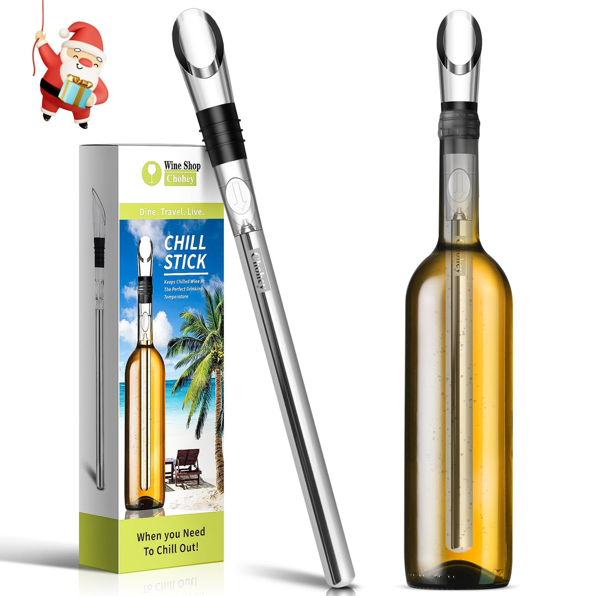 CHOHEY wine chiller stick outer view highlights premium stainless steel for refined at-home wine service.