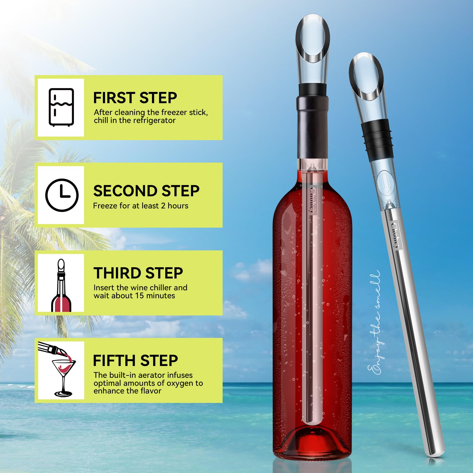 CHOHEY wine chiller stick pourer in use; smooth pour and controlled flow.