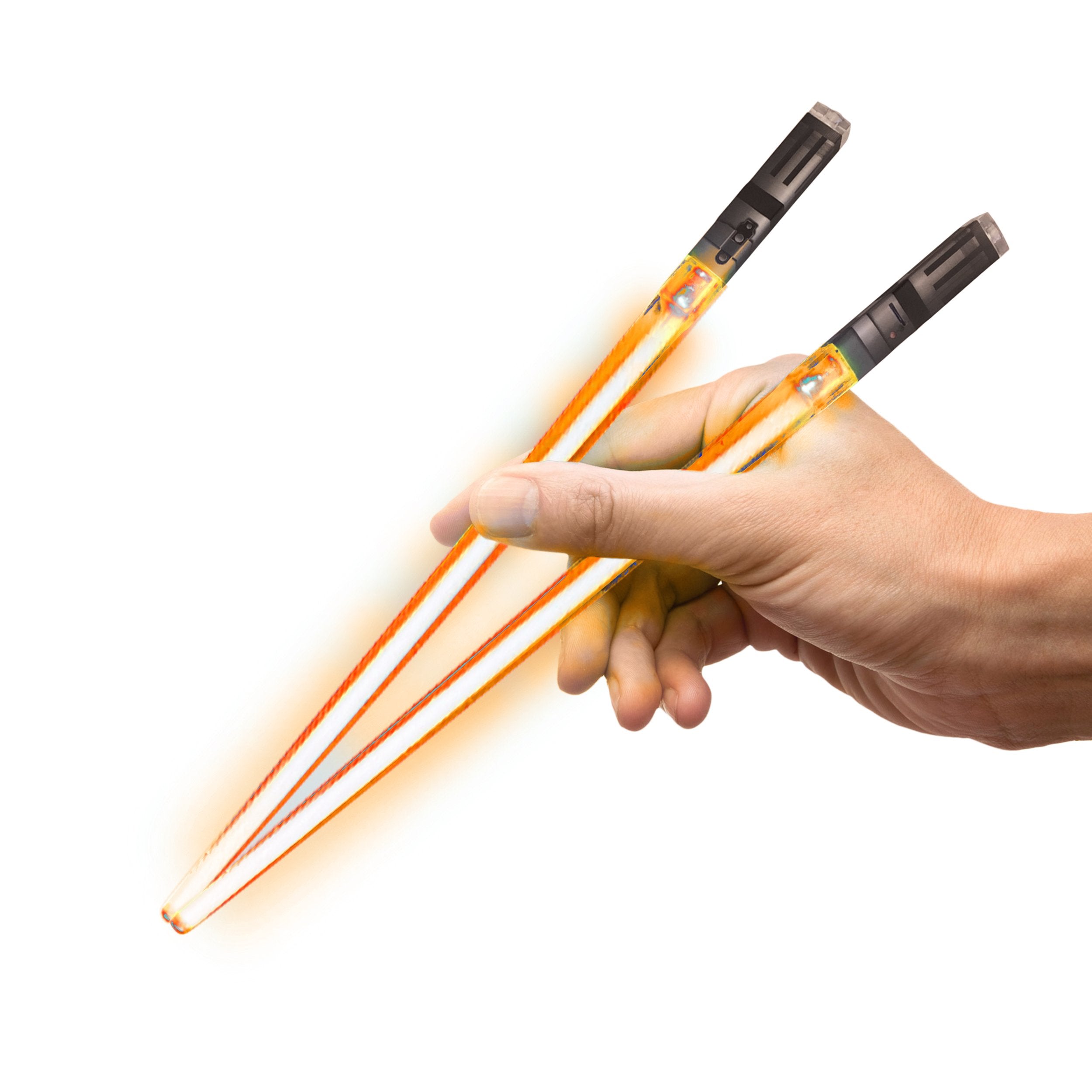 Chop Sabers orange action chopsticks in use with sci-fi flair