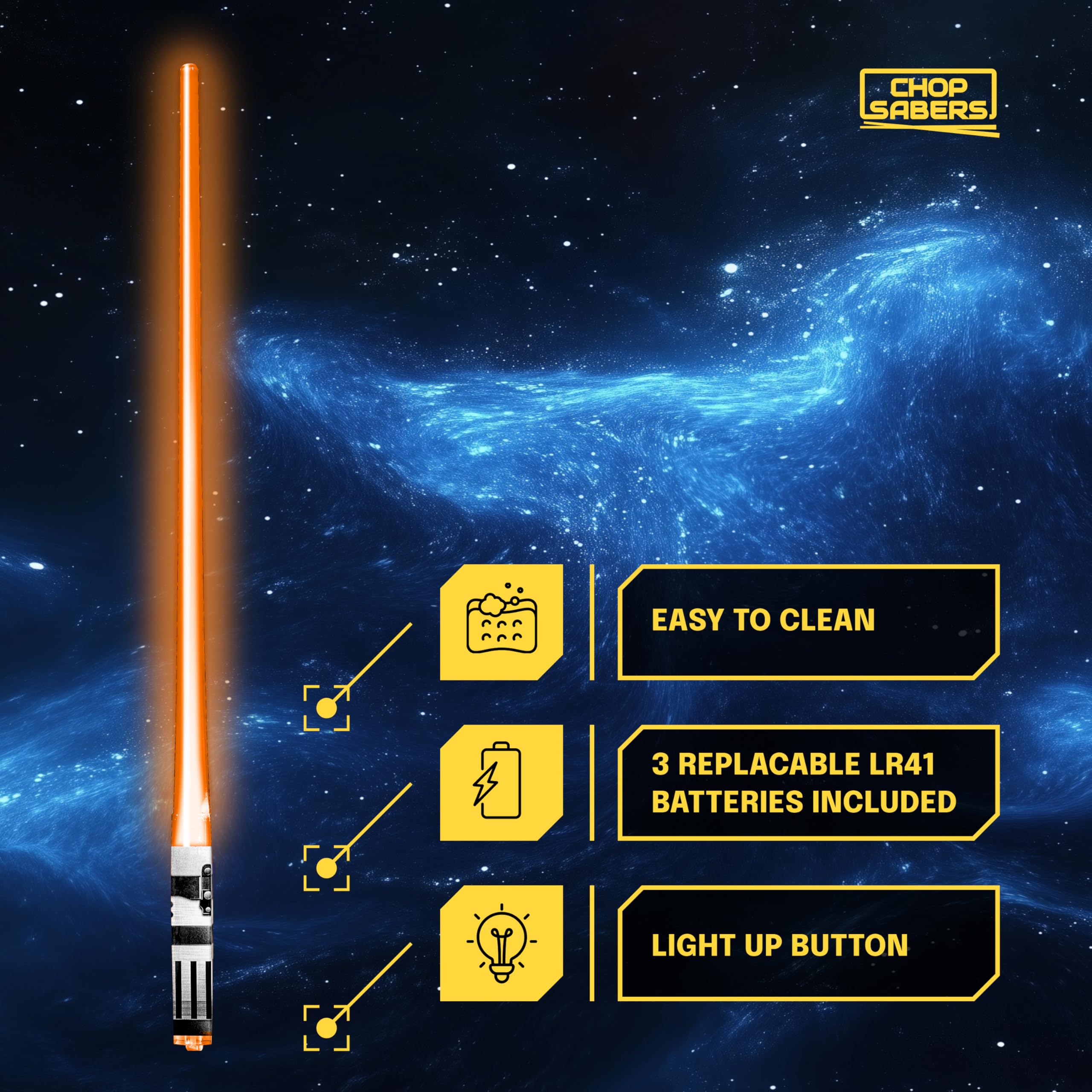 Chop Sabers orange glow chopsticks showing replaceable batteries