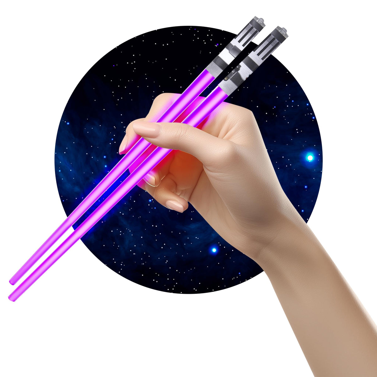Chop Sabers purple light-up chopsticks glow for fun meals and parties.