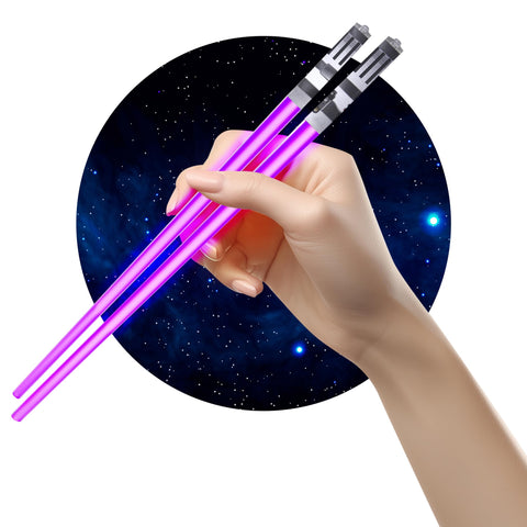 Chop Sabers purple light-up chopsticks glow for fun meals and parties.