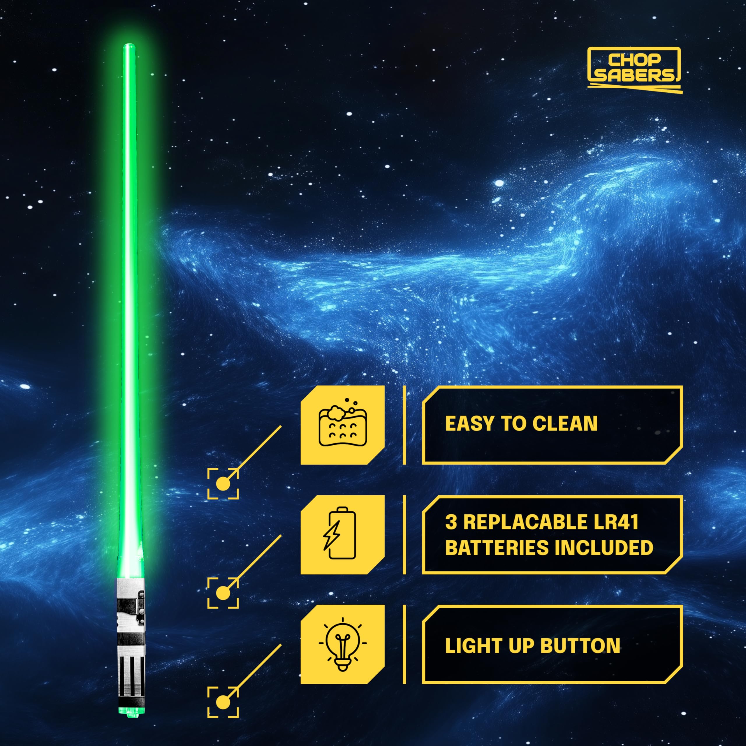 ChopSabers batteries included power the glow for instant use