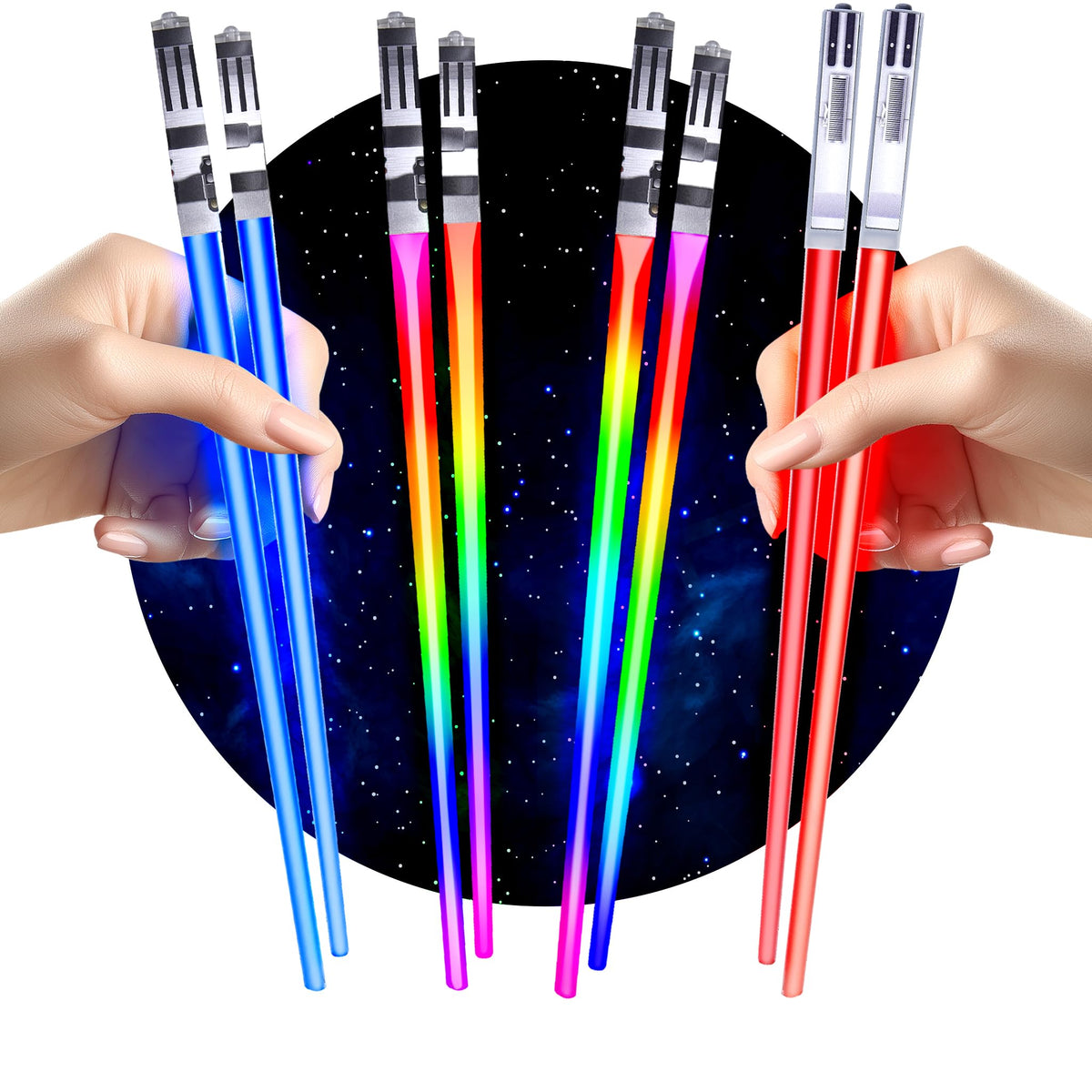 ChopSabers light-up chopsticks glow red and blue for vibrant sushi nights.