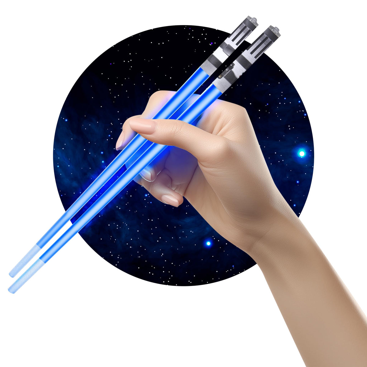 ChopSabers lightsaber chopsticks front view with blue and red LEDs for fun sushi nights.