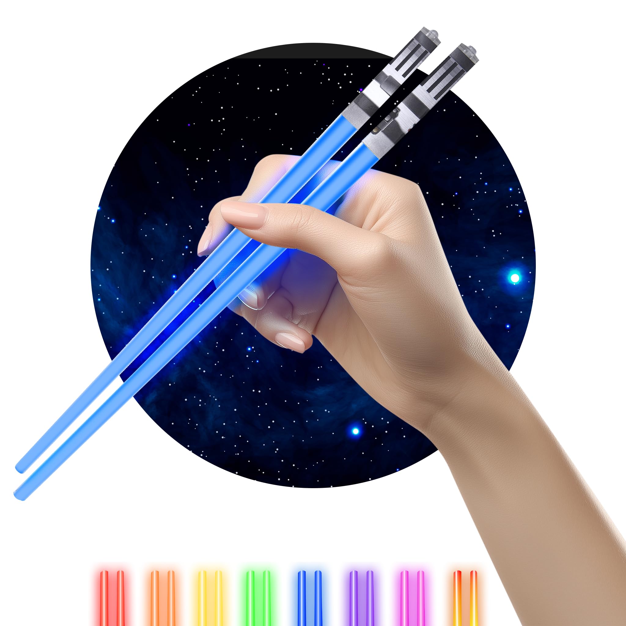ChopSabers LED glow chopsticks in red and blue for dramatic sushi dining.