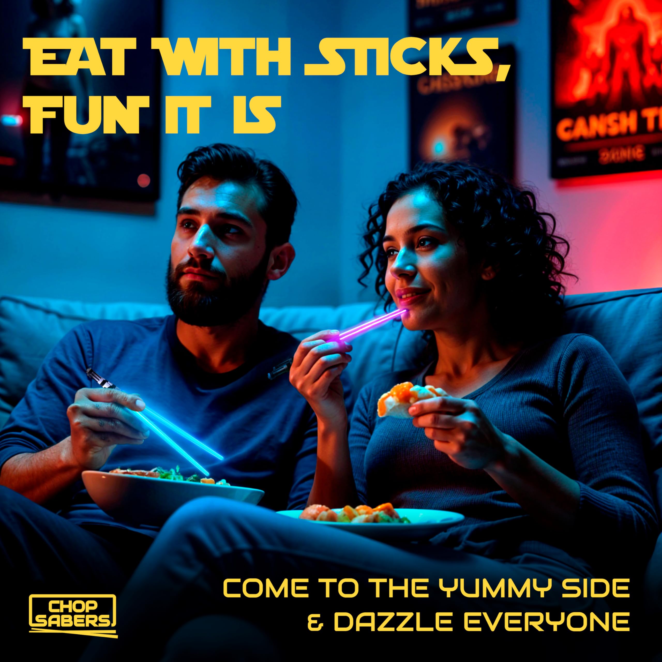 ChopSabers red glow chopsticks enhance ramen and dinner moods.