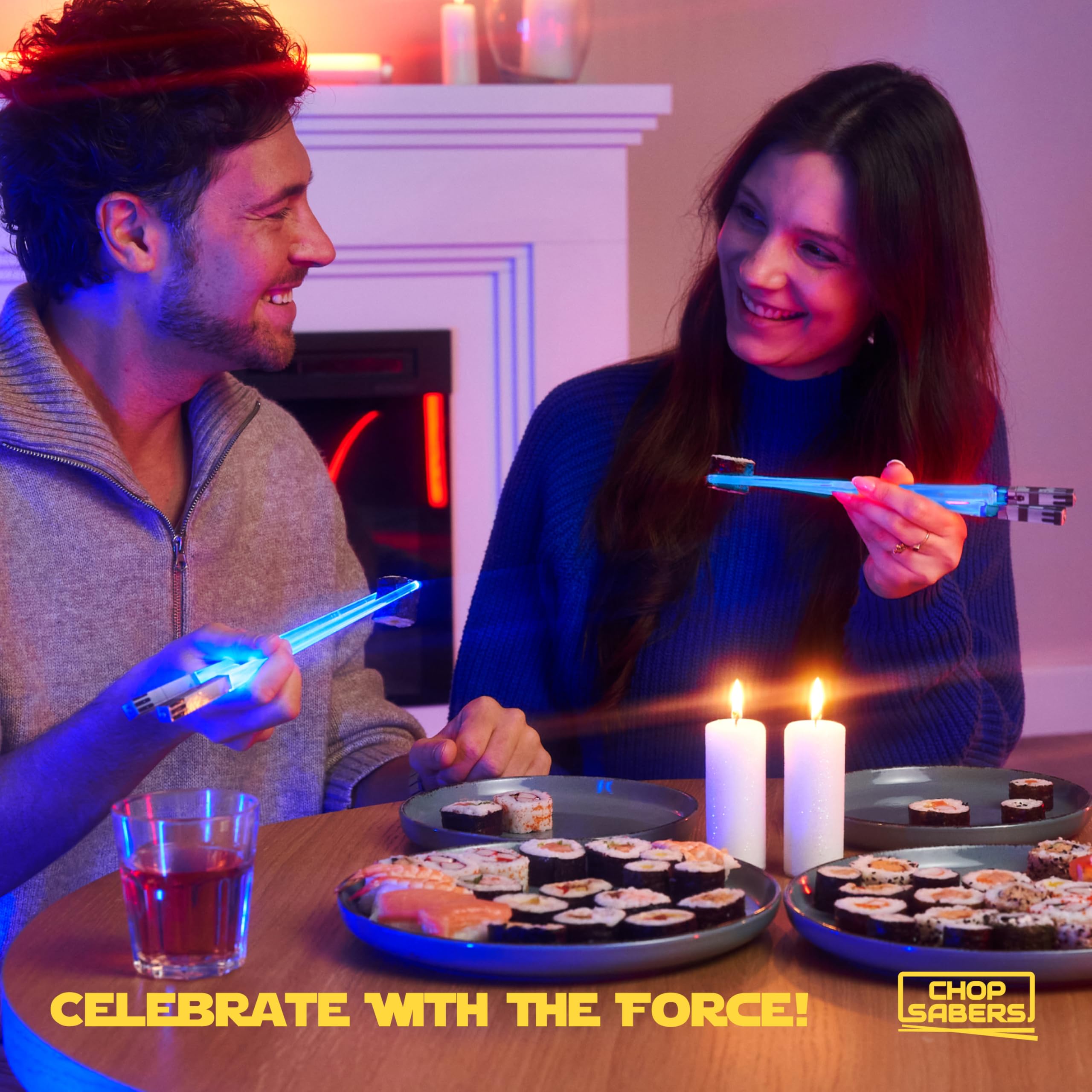 ChopSabers night-dining chopsticks shown during casual dinner setting.