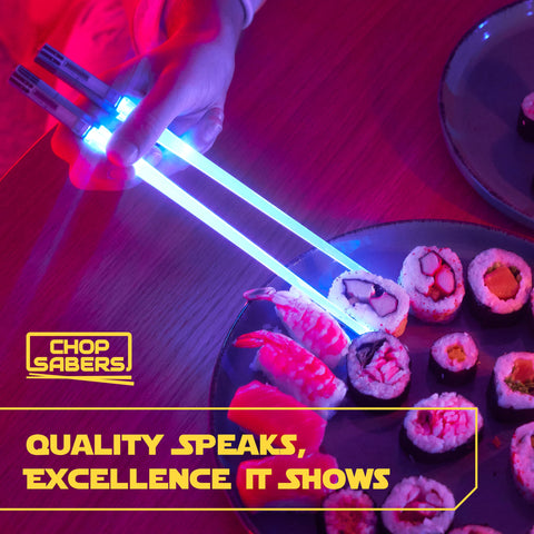 ChopSabers sushi dinner scene with glowing lightsaber chopsticks.