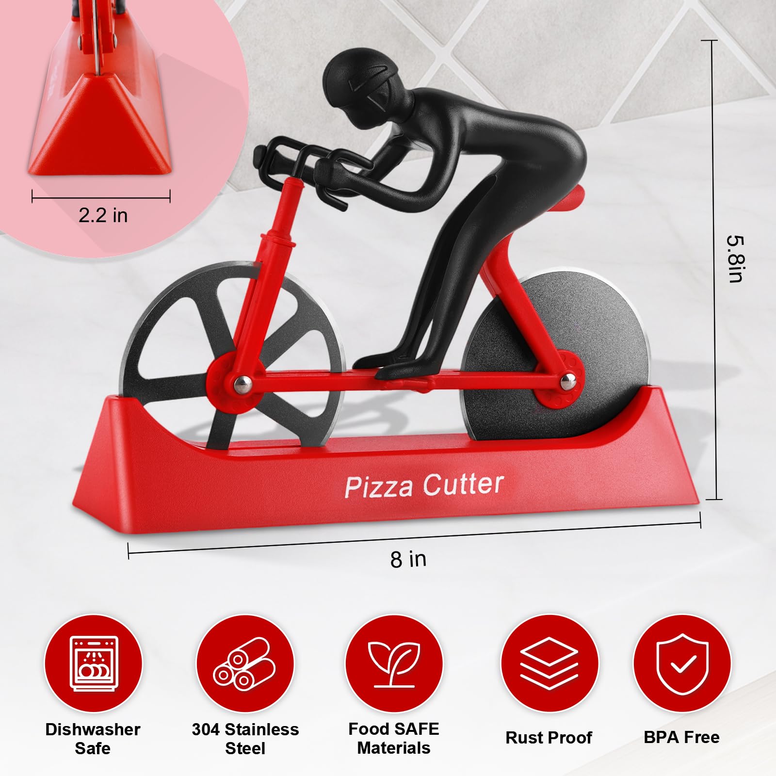Chopwiza stainless steel pizza slicer provides durable, clean cuts.