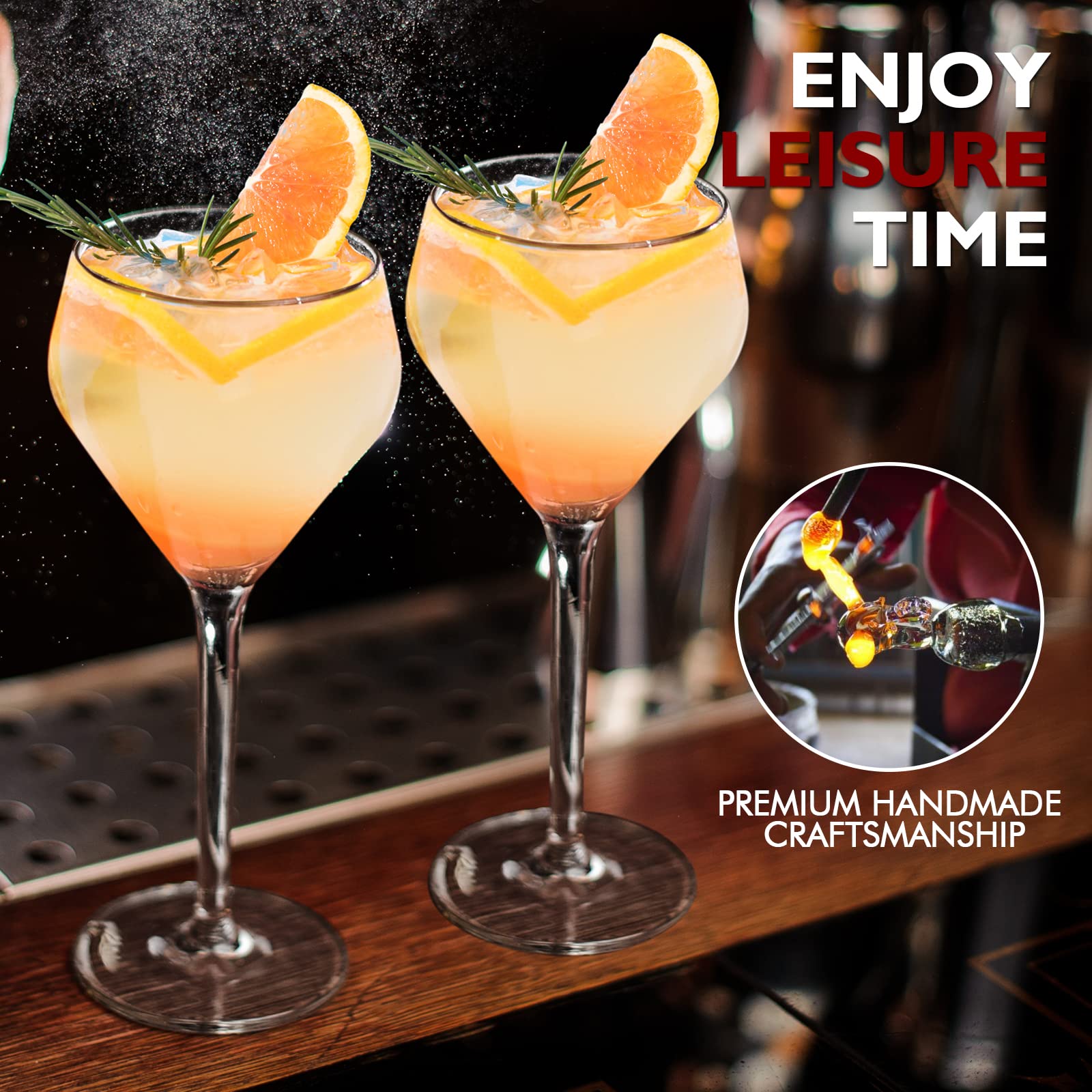 Chouggo hand-blown crystal Nick & Nora glass, artisanal craftsmanship enhances every toast.