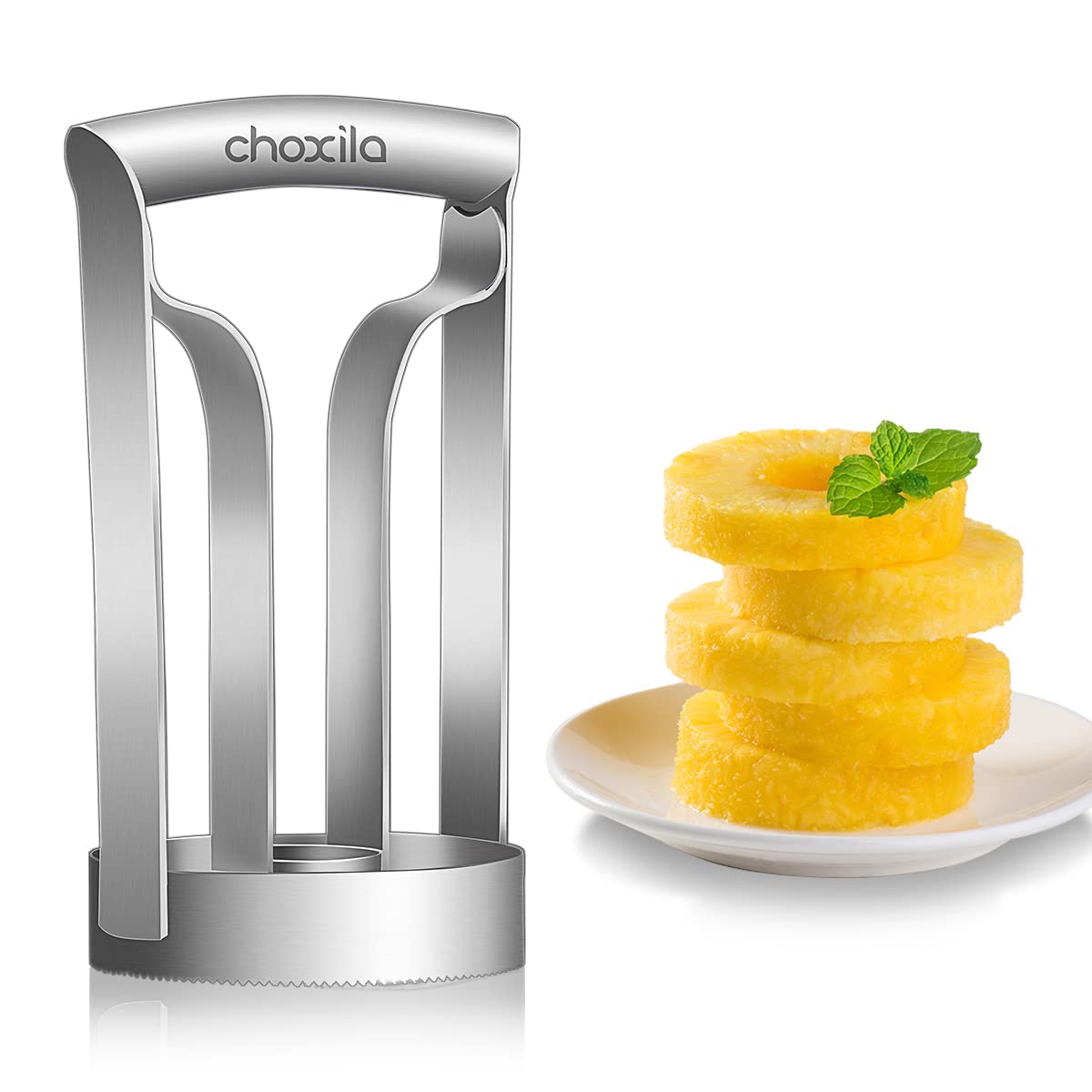 Choxila pineapple corer in action for knife-free pineapple prep.