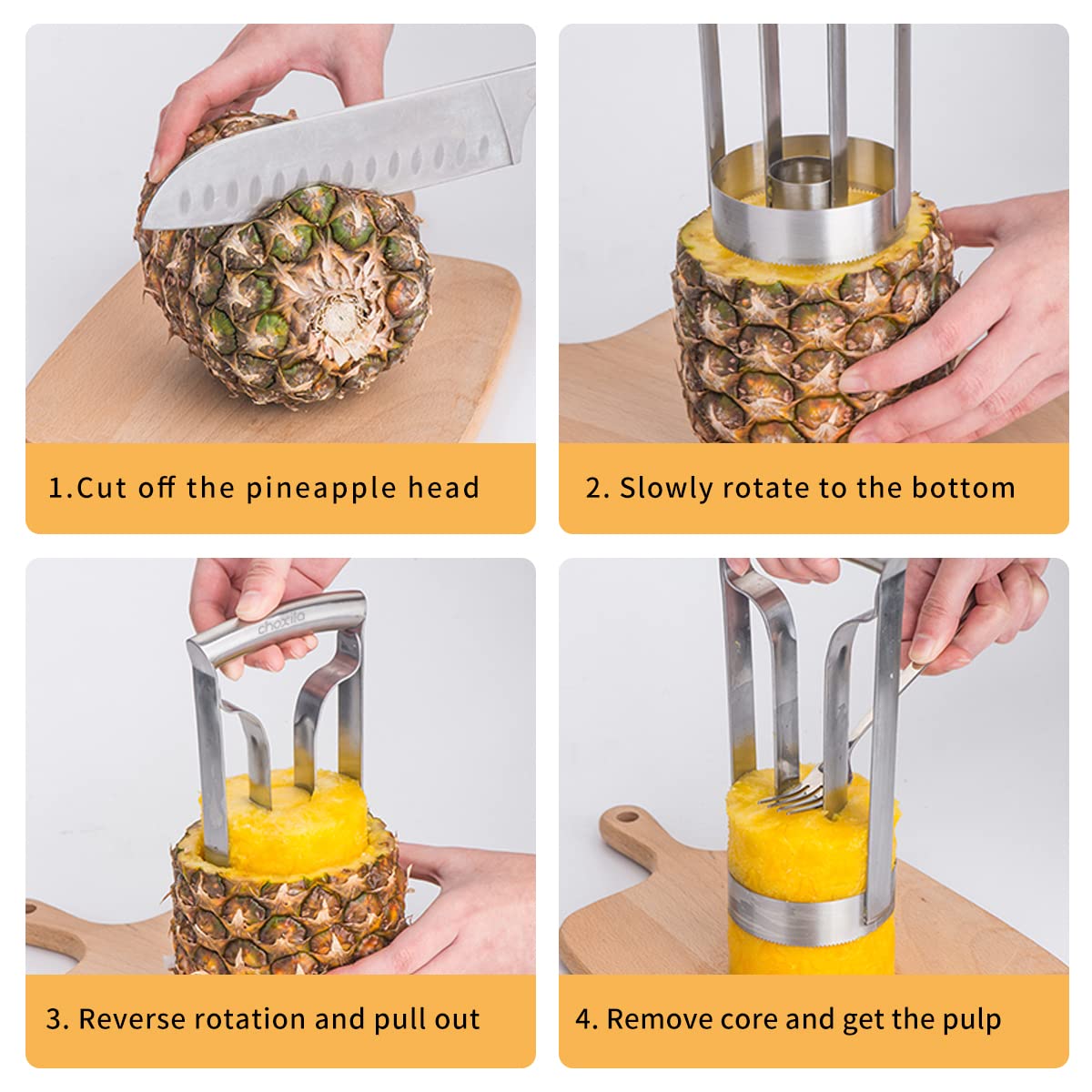 Choxila pineapple corer stainless steel finish emphasizes durability.