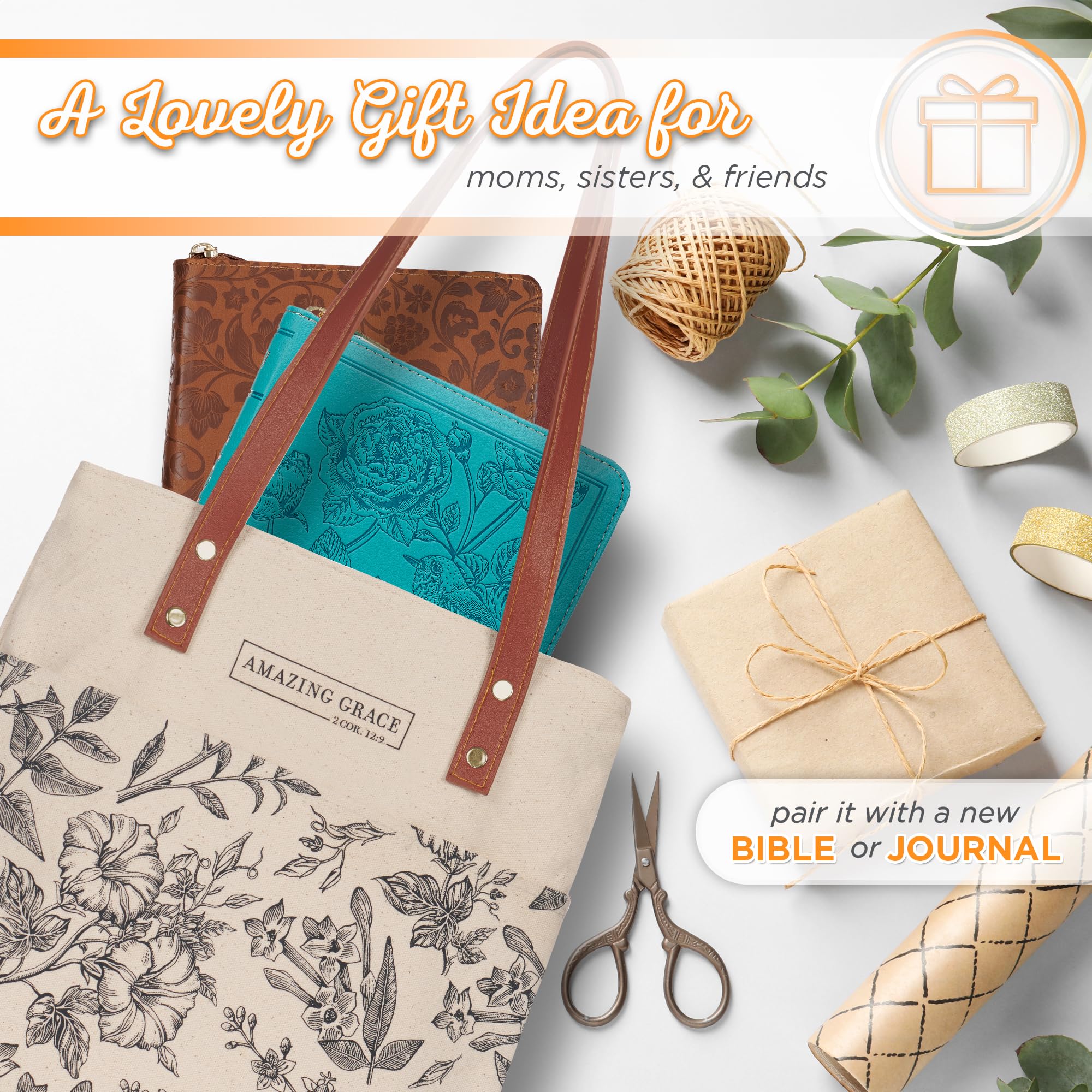 Christian Art Gifts tote displays 2 Corinthians 12:9 reference for inspiration