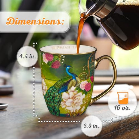 Christian Art Gifts blue peacock mug back shows inspiring verse for daily reflection.