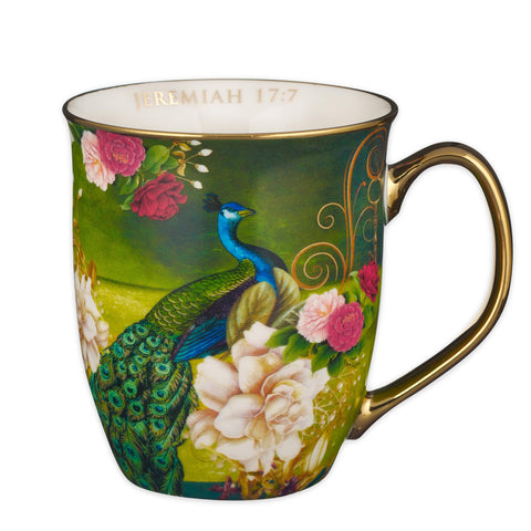 Christian Art Gifts blue peacock mug front with gold accents, ideal for morning coffee.