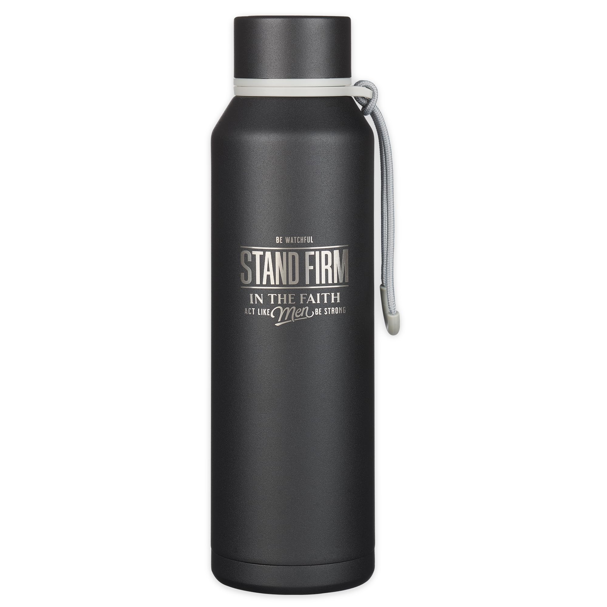 Christian Art Gifts 24oz matte black bottle keeps drinks hot or cold on the go.