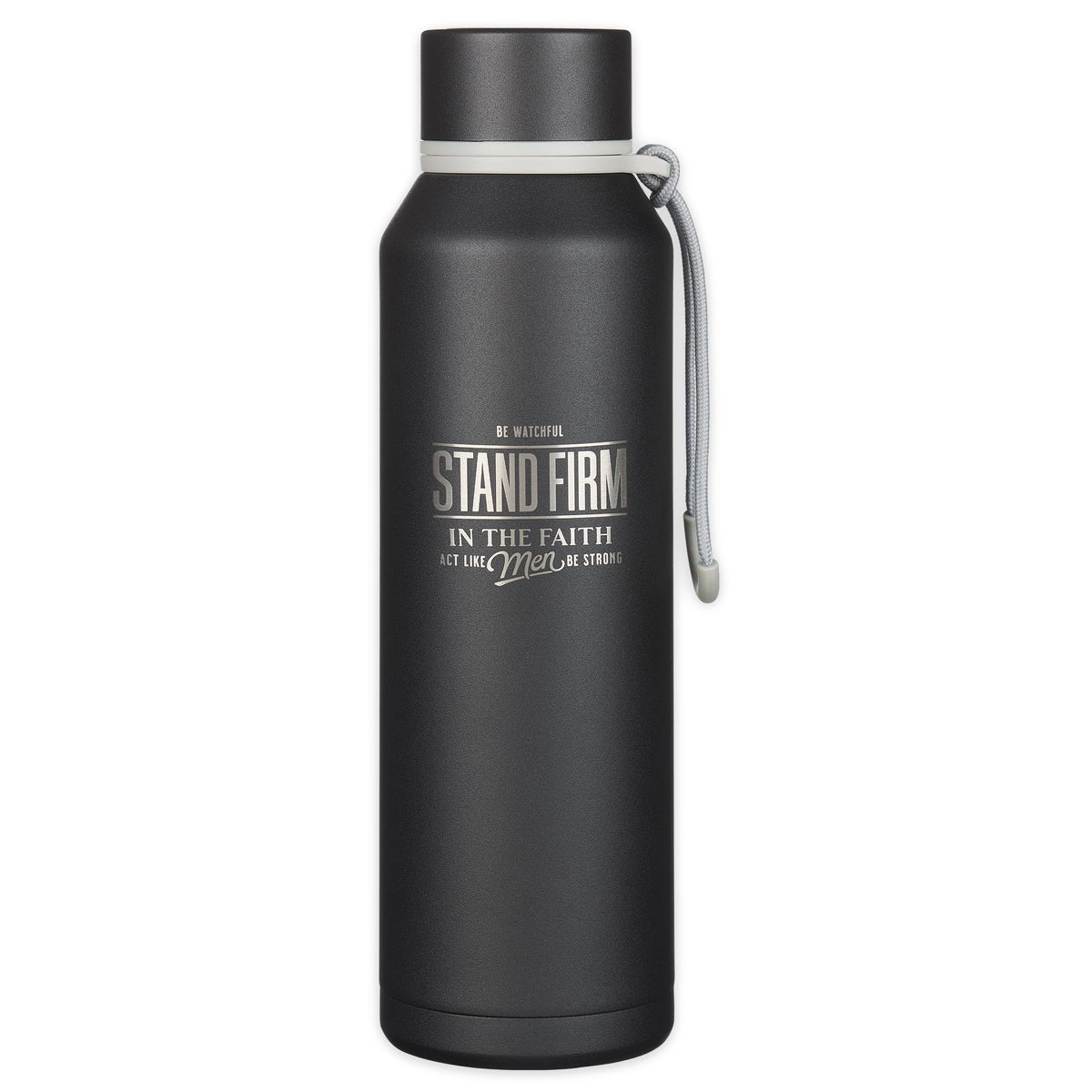 Christian Art Gifts 24oz matte black bottle keeps drinks hot or cold on the go.