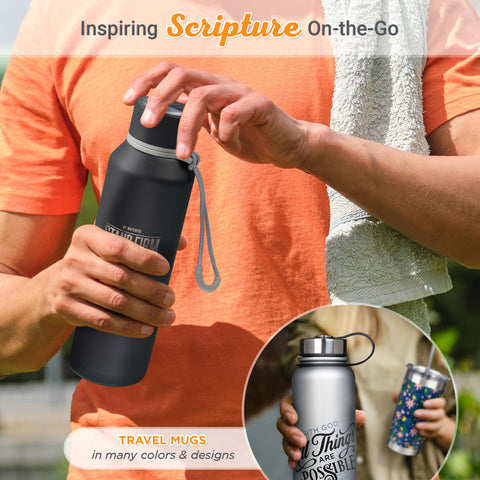 Christian Art Gifts bottle features woven carry loop for easy transport.