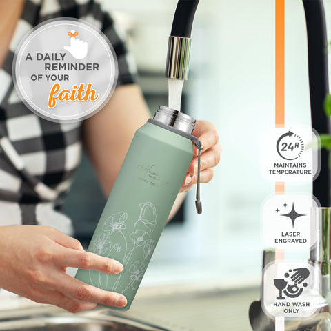 Christian Art Gifts BPA-free stainless interior preserves clean taste for pure hydration.
