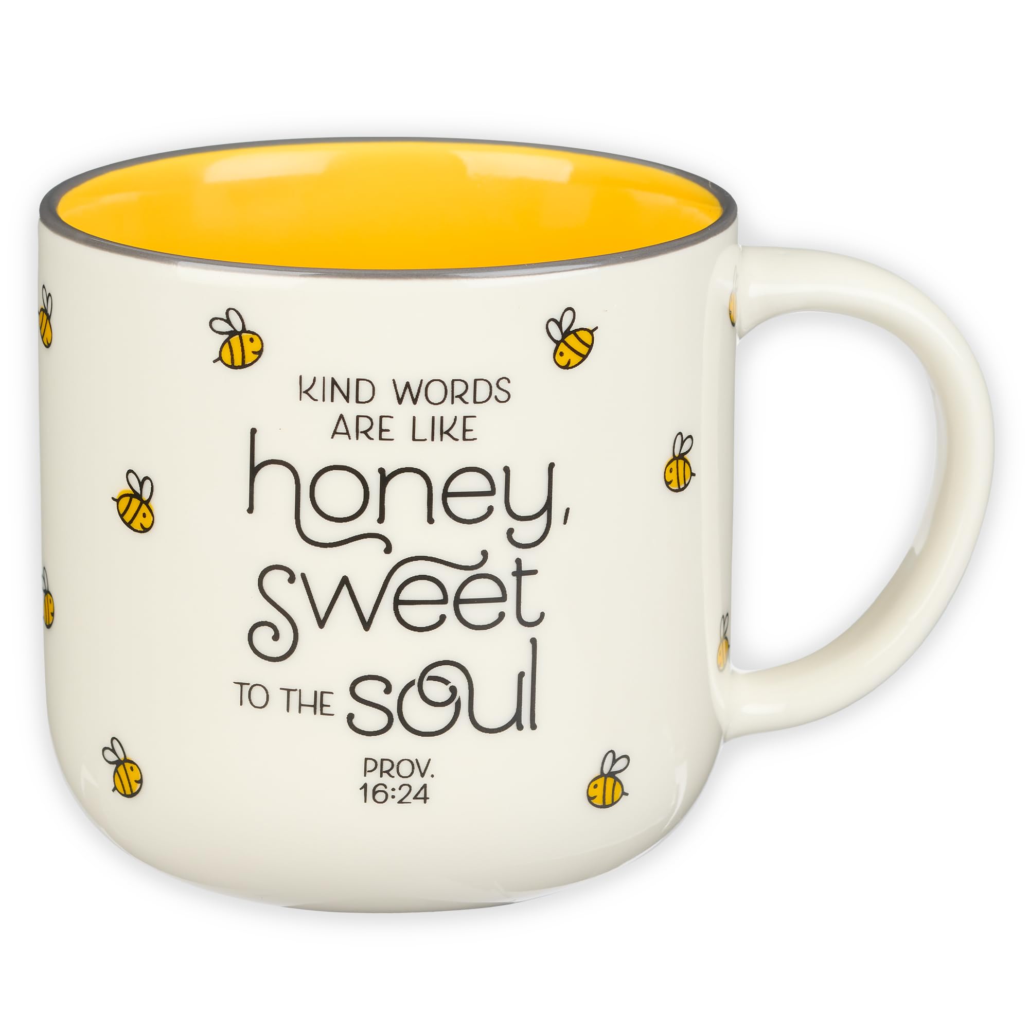Christian Art Gifts Bumble Bee Mug front with Proverbs 16:24 and bees motif for daily inspiration